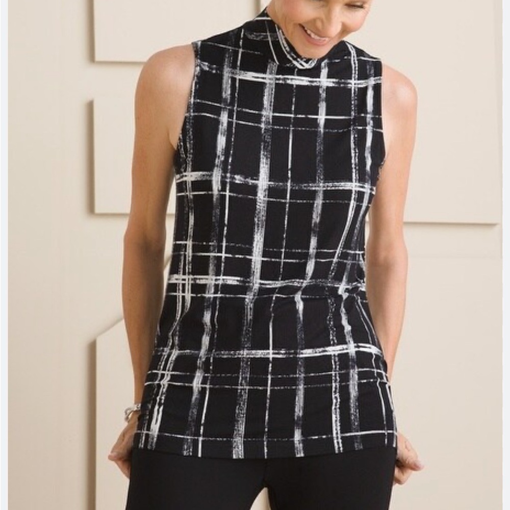 Chico’s Black & White Plaid Mockneck Basic Knit Tank Size XL